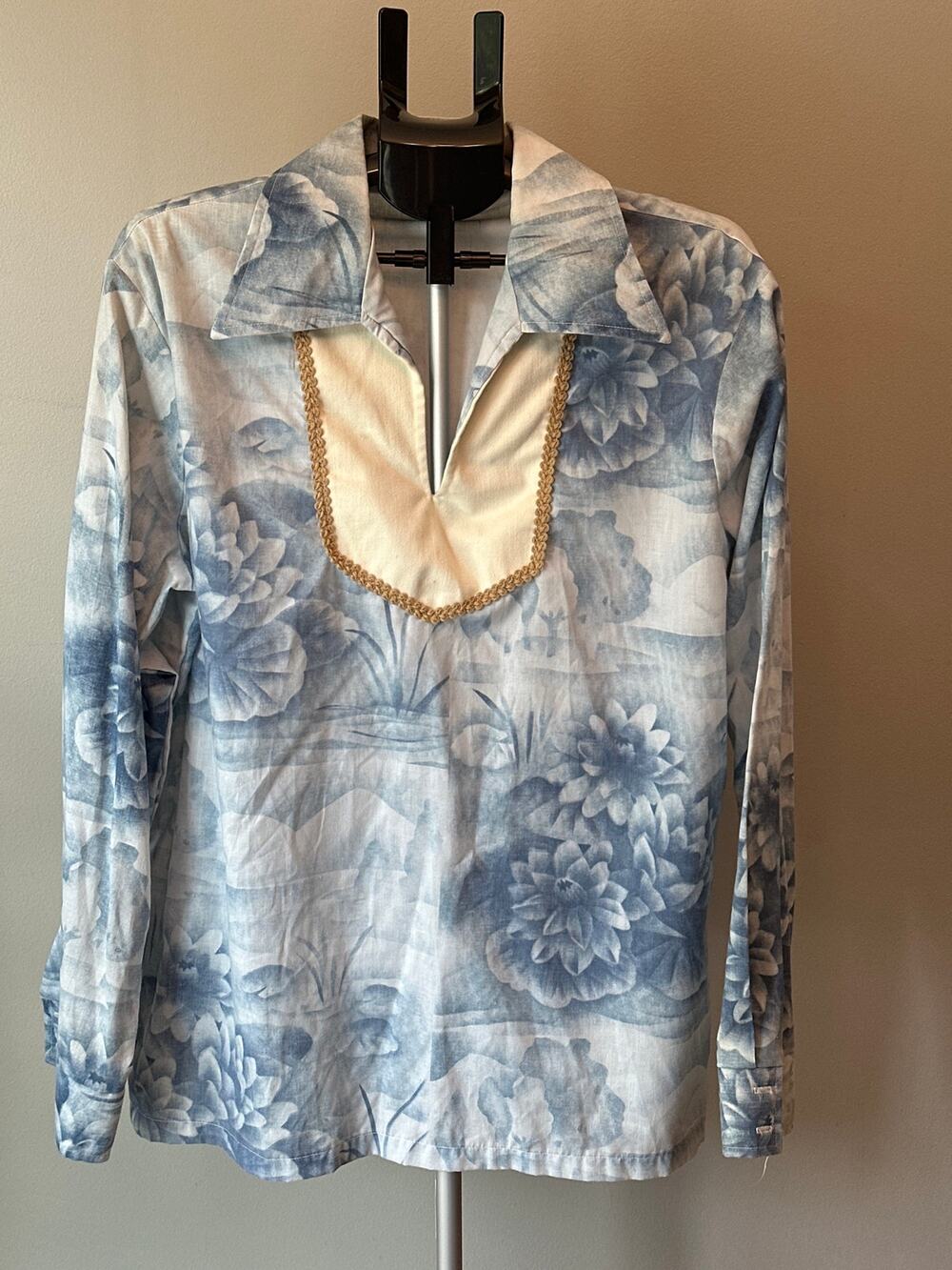 Vintage 70s Alfie California Disco Shirt Men XL Blue White Floral V Neck